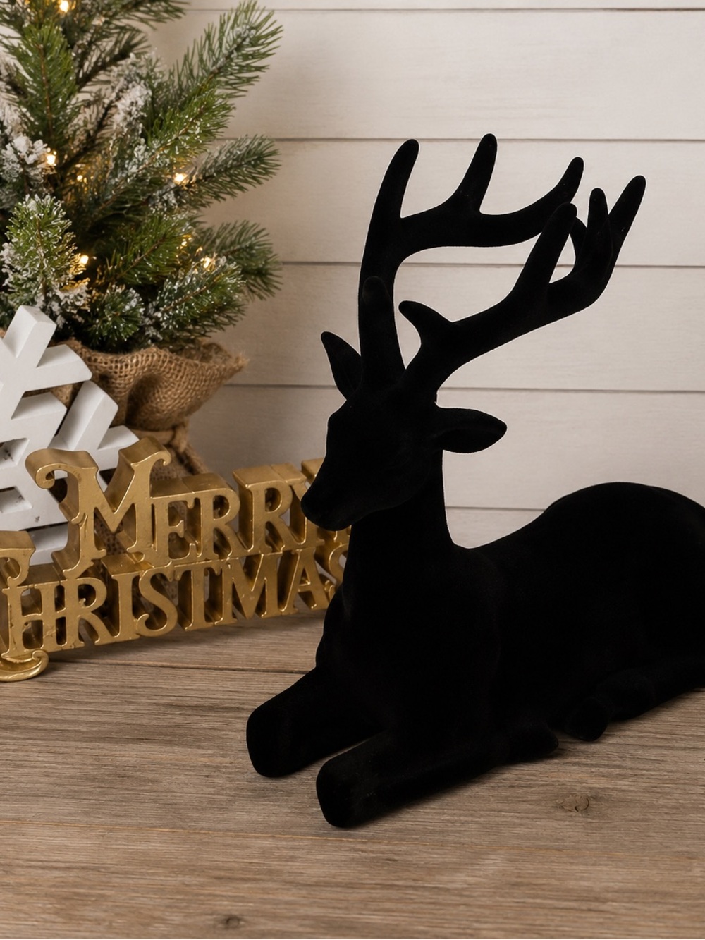 Black Flocked Sitting Reindeer
